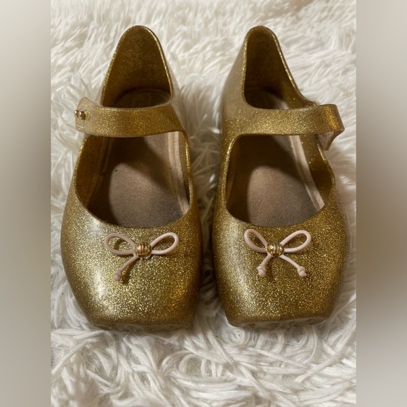 Mini Melissa Mary Jane Ballet Flats Shoes Ballerina Gold Bow Glitter Girls 10 - Picture 2 of 8